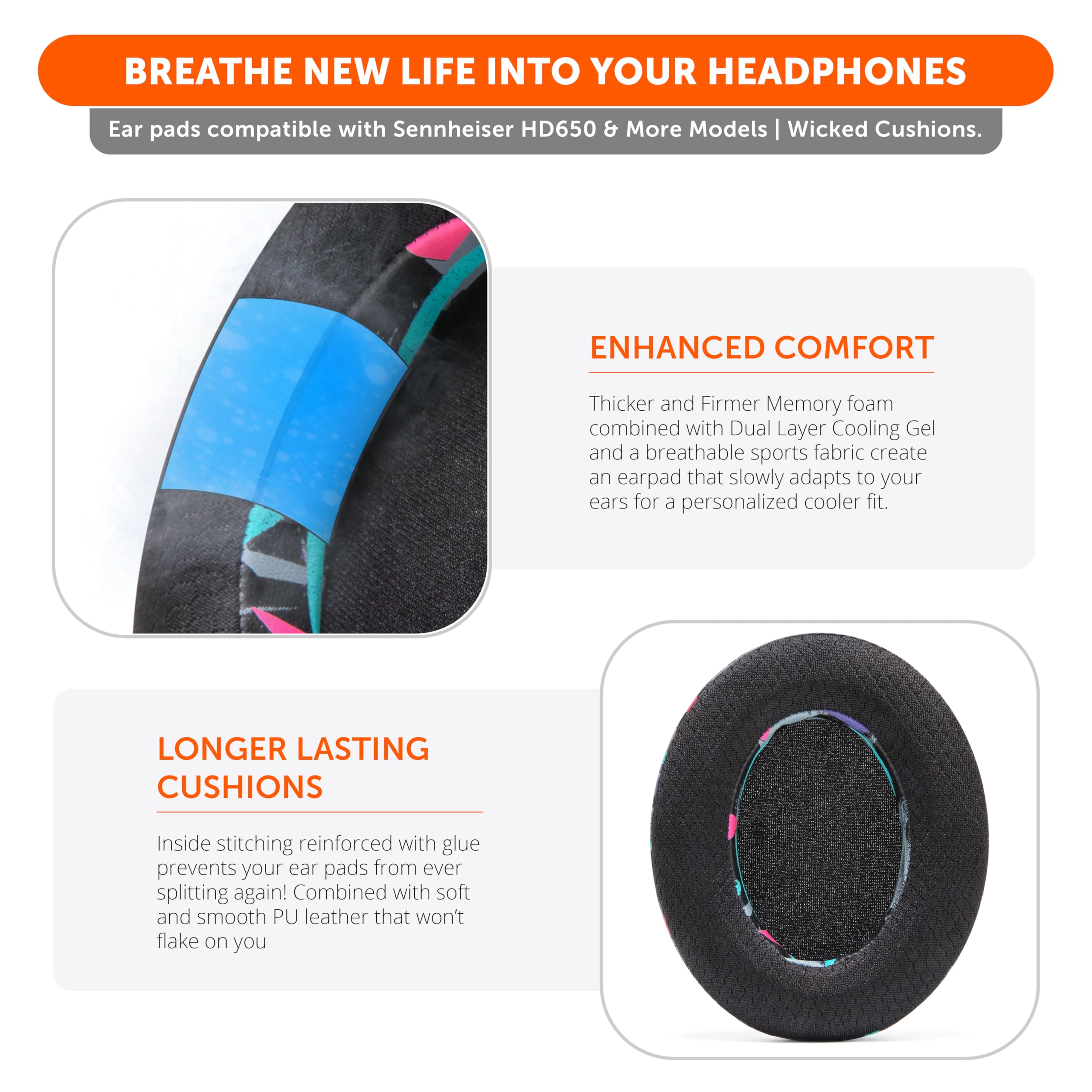 WC Freeze HD6XX - Cooling Gel Earpads for Sennheiser HD6XX, HD58X, HD600, HD650, HD660S, HD660S2, HD580, HD565 & More, Made by Wicked Cushions | Extra Comfortable and Cool | 90's Black - Image 4