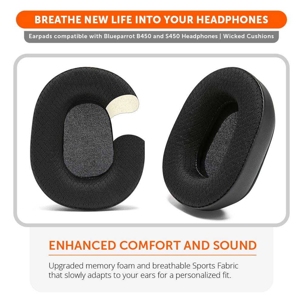 WC PadZ B450-XT - Extra Large Hybrid Earpads for BlueParrot B450XT & S450 by Wicked Cushions | Enhanced Comfort & Breathable Sports Fabric | Black - Image 4