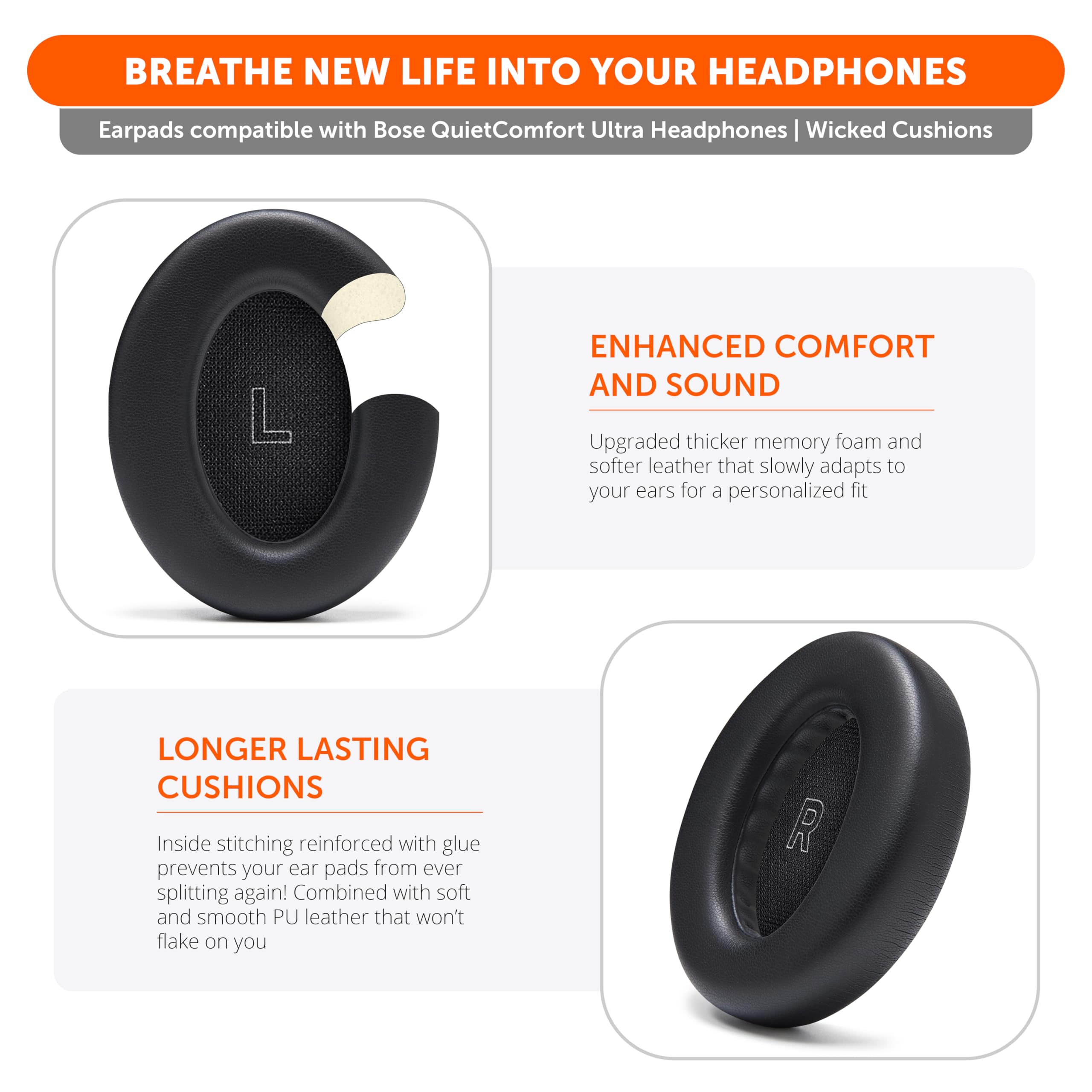 WC PadZ QC Ultra – Upgraded Replacement Earpads Compatible with Bose QuietComfort Ultra Gen 1 & Gen 2 by Wicked Cushions | Enhanced Comfort, Thickness & Durability | Black - Image 4
