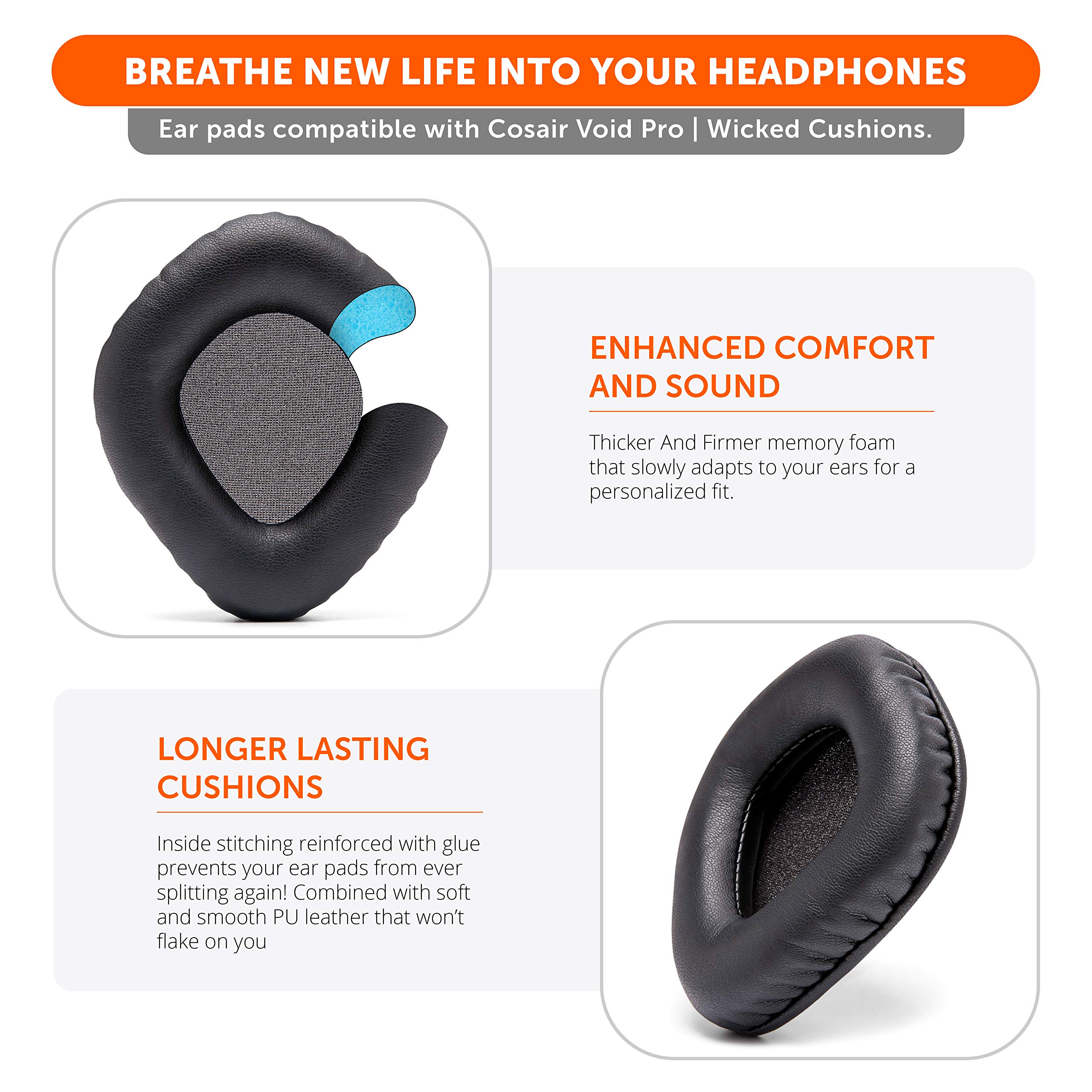 WC Upgraded Replacement Earpads for Corsair Void & Corsair Void Pro Wired & Wireless Gaming Headsets Made by Wicked Cushions | Improved Durability, Thickness, and Sound Isolation | (Black) - Image 4